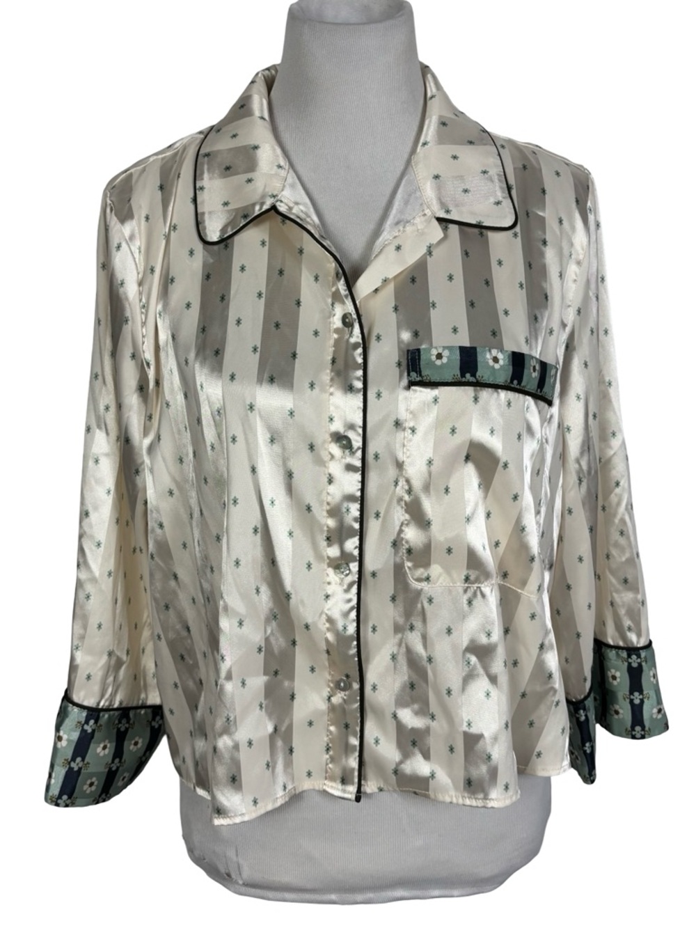 Free People Intimately Pillow Talk Satin Pajama Top XL Cream Floral Striped